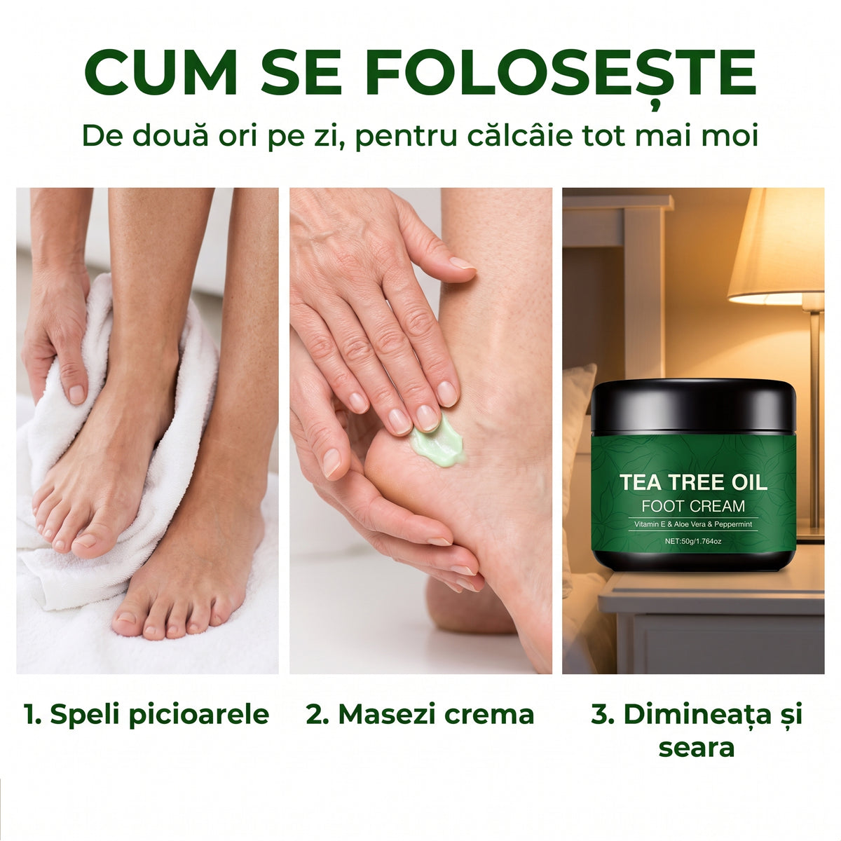 Cremă de Picioare cu Arbore de Ceai — călcâiele aspre devin moi, seară de seară