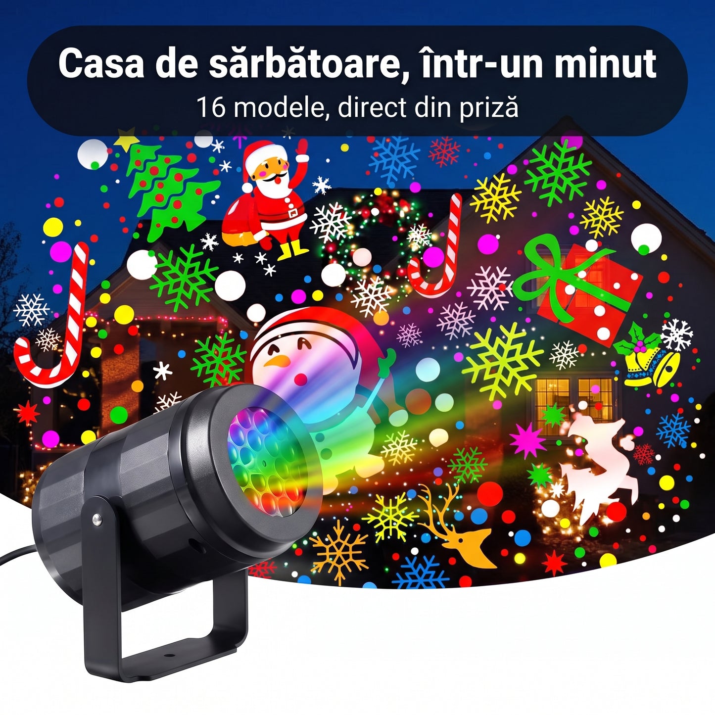 Proiector Laser de Crăciun, Interior și Exterior — 16 modele proiectate în același timp